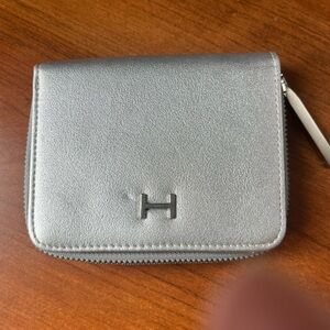 Halston Maya Top Zip Foldout Metallic Silver Small Wallet